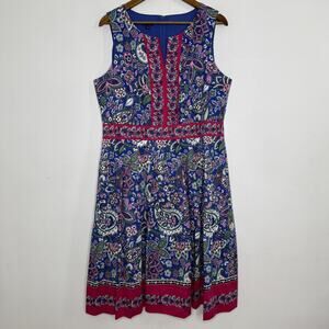 Talbots Dress Womens 14 Blue Pink Paisley Floral Sleeveless Fit & Flare A-Line